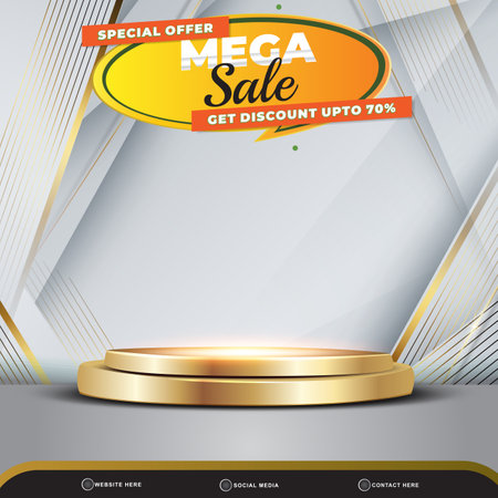 special offer mega sale banner social media template post with blank space 3d podium for product with abstract white and golden gradient background designのイラスト素材