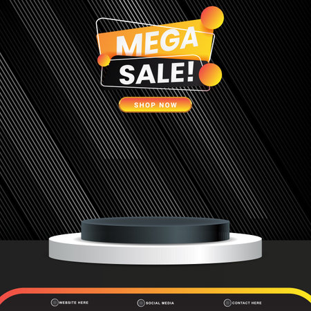 mega sale banner social media template post with blank space 3d podium for product with abstract gradient black background designのイラスト素材