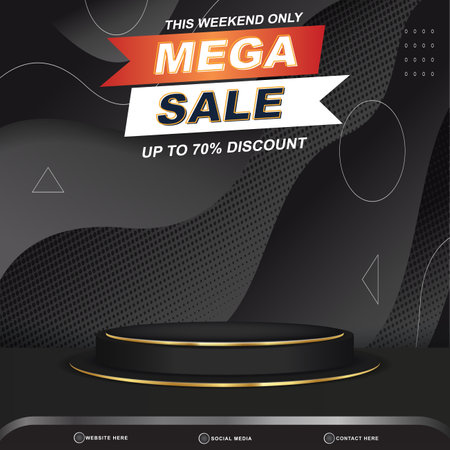 mega sale discount banner social media template post with blank space 3d podium for product with abstract gradient black background designのイラスト素材