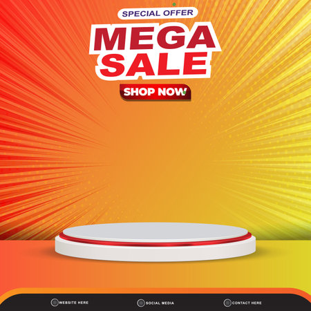 special offer mega sale banner social media template post with blank space 3d podium for product with abstract gradient orange and yellow background designのイラスト素材