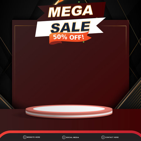 modern 3d mega sale banner social media template post with blank space 3d podium for product with abstract gradient black and red background designのイラスト素材