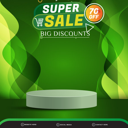super sale big discount banner social media template post with blank space 3d podium for product with abstract gradient green and yellow background designのイラスト素材
