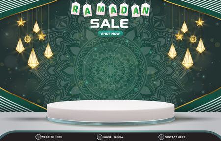 ramadan sale discount template banner with blank space 3d podium for product sale with abstract gradient dark green background designのイラスト素材