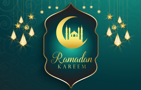 ramadan kareem illustration with beautiful shiny luxury islamic ornament and abstract gradient green background designのイラスト素材