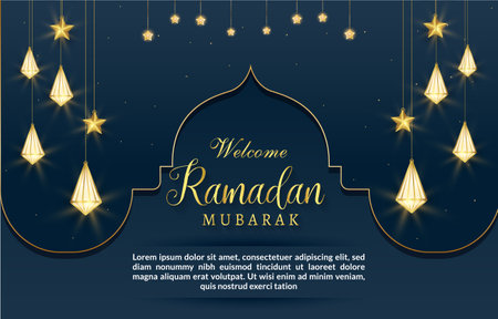 welcome ramadan mubarak banner with elegant islamic illustration luxury shiny ornament and abstract gradient dark blue background designのイラスト素材