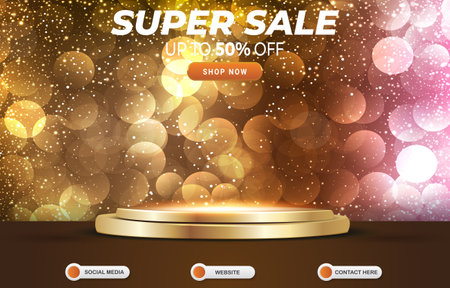 super sale new year sale discount template banner with blank space podium for product with abstract golden and pink background designのイラスト素材