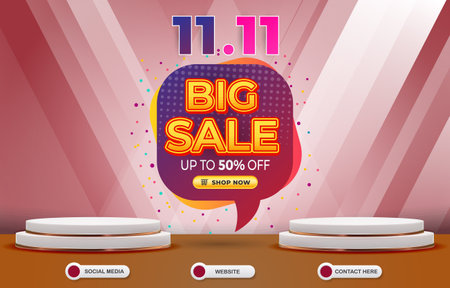 big sale 11.11 of november template banner with blank space 3d podium for product sale with abstract gradient purple and white backgroundのイラスト素材