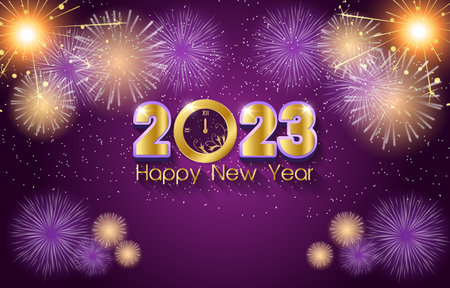 beautiful luxury happy new year 2023 with colorful shiny firework with abstract gradient dark purple...