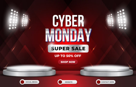 modern cyber monday super sale template banner with blank space 3d podium for product sale with abstract gradient dark red background designのイラスト素材