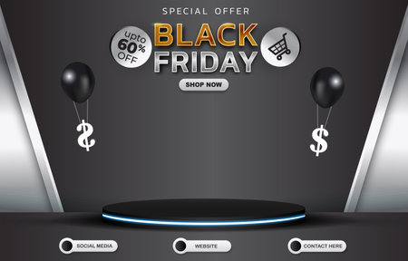 special offer discount modern black friday sale with blank space 3d podium for product sale with gradient black and silver background designのイラスト素材