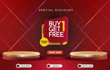 weekend special discount template banner with blank space 3d podium for product sale with abstract gradient red background designのイラスト素材