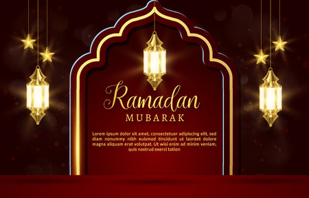 beautiful ramadan mubarak banner with shiny lantern islamic ornament and abstract gradient dark red background designのイラスト素材