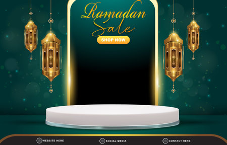 ramadan sale discount template banner with blank space 3d podium for product sale with abstract gradient green and blue background designのイラスト素材
