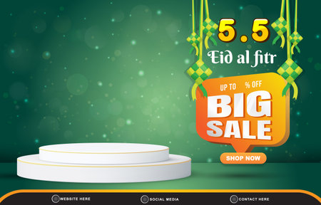 05.05 eid big sale discount template banner with copy space 3d podium for product sale with abstract gradient green background designのイラスト素材