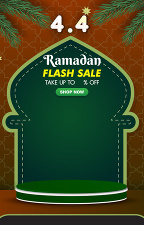 04.04 ramadan flash sale discount social media short with blank space 3d podium for product sale with abstract gradient brown and green backgroundのイラスト素材