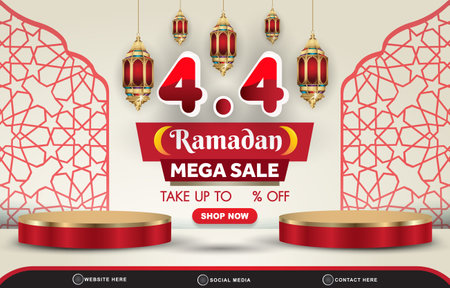 04.04 ramadan mega sale discount template banner with copy space 3d podium for product sale with abstract gradient white and red landscape background designのイラスト素材
