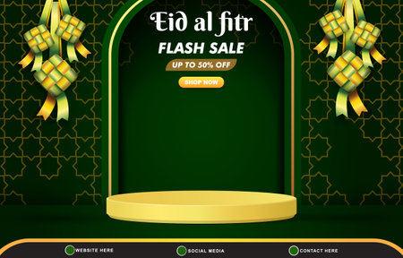 eid al fitr flash sale discount template banner with copy space 3d podium for product sale with abstract gradient green background designのイラスト素材