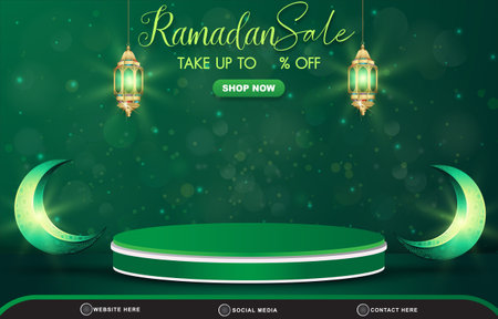 beautiful ramadan sale discount template banner with copy space 3d podium for product sale with abstract gradient green background designのイラスト素材