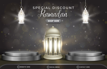 special discount ramadan sale template banner with copy space 3d podium for product sale with abstract gradient black and white background designのイラスト素材