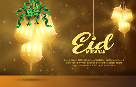 beautiful eid mubarak banner with quote and beautiful shiny islamic ornament and abstract gradient brown and golden background designのイラスト素材