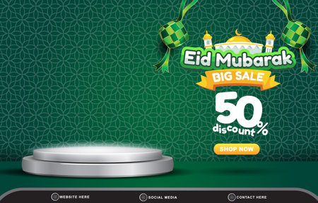 eid big sale discount template banner with copy space 3d podium for product sale with abstract gradient green background designのイラスト素材