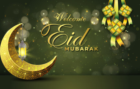 beautiful welcome eid mubarak banner with quote and beautiful shiny islamic ornament and abstract gradient green and golden background designのイラスト素材