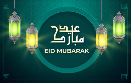 eid mubarak banner with beautiful islamic ornament and abstract gradient green and blue background...