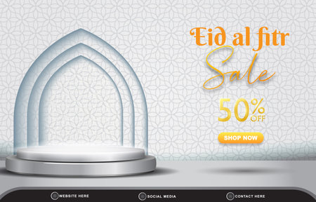 eid sale discount template banner with copy space 3d podium for product sale with abstract gradient white and silver background designのイラスト素材