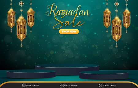 ramadan sale discount template banner with blank space 3d podium for product sale with abstract gradient green background designのイラスト素材