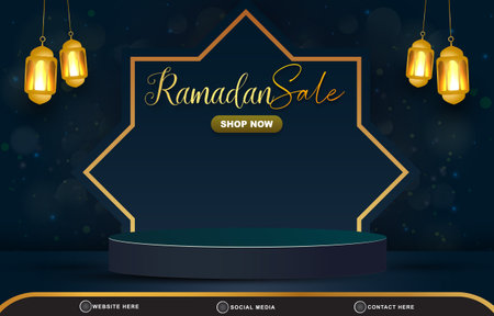 ramadan sale discount template banner with copy space 3d podium for product sale with abstract gradient dark blue background designのイラスト素材