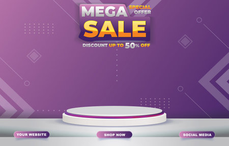 mega sale with blank space podium for product sale with purple and white background designのイラスト素材