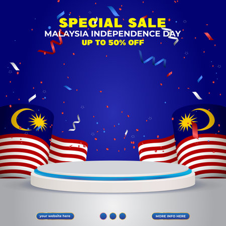 malaysian independence day 65th sale banner social media template post with blank space podium for product sale with blue background designのイラスト素材