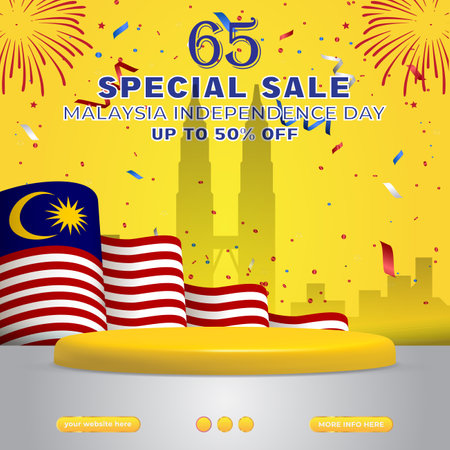 malaysian independence day sale banner social media template post with blank space podium for product sale with yellow background designのイラスト素材