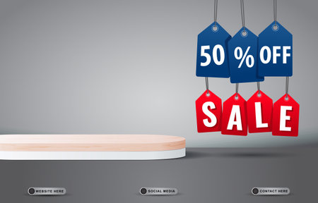 sale banner social media template post with blank space podium for product with gradient grey and...