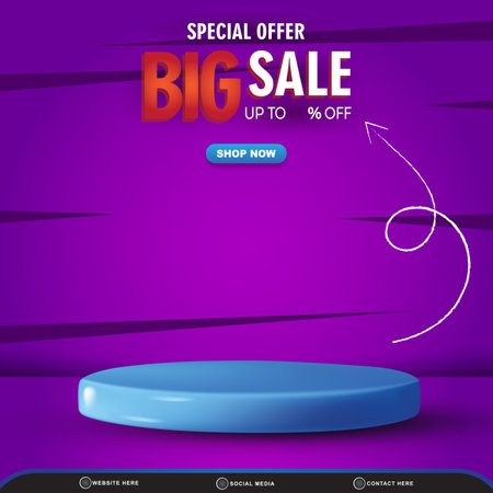 special offer big sale discount with square template banner blank space 3d podium for product sale with abstract gradient purple and blue background designのイラスト素材