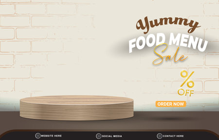 new food menu sale discount with landscape social media post tempate banner with copy space 3d podium for food sale with abstract gradient brown and white background designのイラスト素材