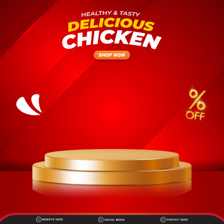 food sale discount square social media post template banner with copy space 3d podium with abstract gradient red background designのイラスト素材
