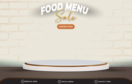 food menu sale discount with landscape social media post tempate banner with copy space 3d podium for food sale with abstract gradient brown and white background designのイラスト素材