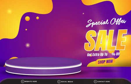 special offer sale discount template banner with blank space 3d podium for product sale with abstract gradient orange and purple background designのイラスト素材