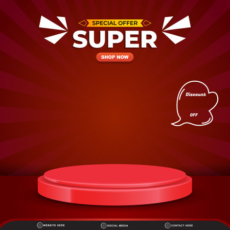 special offer super sale discount template banner blank space 3d podium for product sale with abstract gradient red background designのイラスト素材