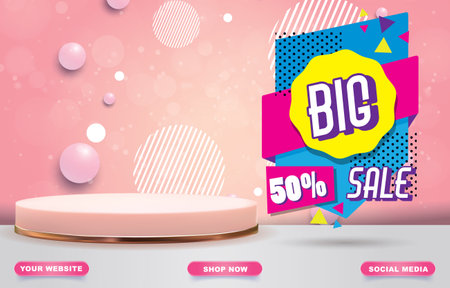 big sale banner with blank space podium for product sale wiith pink background