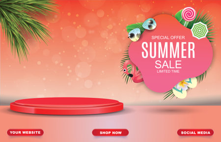 summer sale with blank space podium for product sale with red background designのイラスト素材