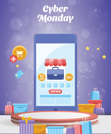 cyber monday sale podium with blank space for product sale with blue backgroundのイラスト素材