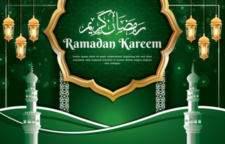elegant ramadan kareem background with green and gold colour designのイラスト素材