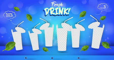 fresh drink menu discount with landscape template banner and copy space frame for product sale with abstract gradient blue background designのイラスト素材