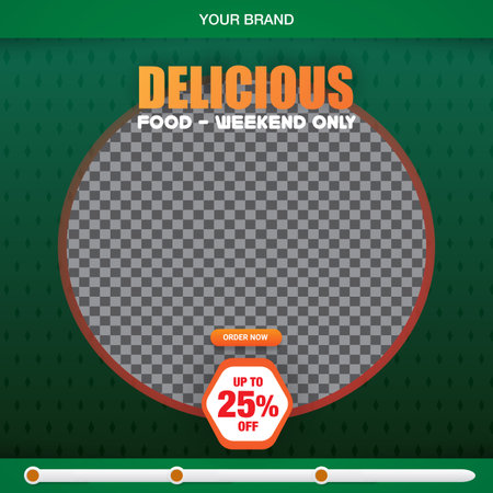 delicious food menu square banner for social media post with copy space frame for food sale with abstract gradient green background designのイラスト素材