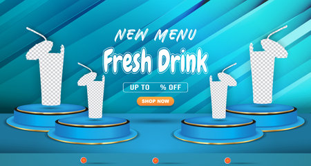 new menu fresh drink discount with landscape template banner and copy space 3d podium for product sale with abstract gradient blue background designのイラスト素材