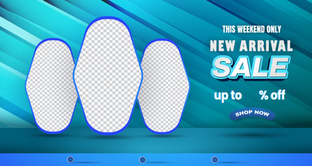new arrival sale discount with landscape template banner and copy space frame for product sale with abstract gradient blue background designのイラスト素材