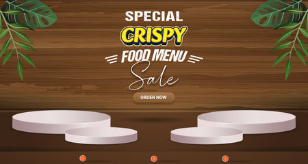 special crispy food menu sale with landscape template banner and copy space 3d podium for product sale with abstract gradient brown background designのイラスト素材