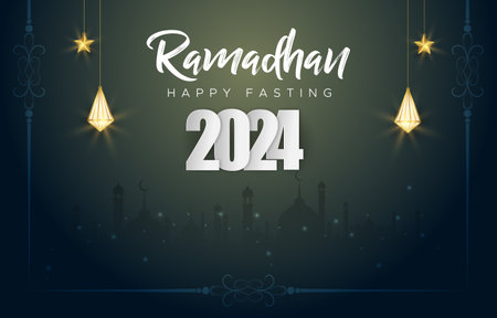 ramadan kareem 2024 banner with blue and green islamic background design 09のイラスト素材